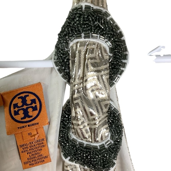 Tory Burch Bay Dress Metallic Gold Geometric Silk Blend - Picture 4 of 8